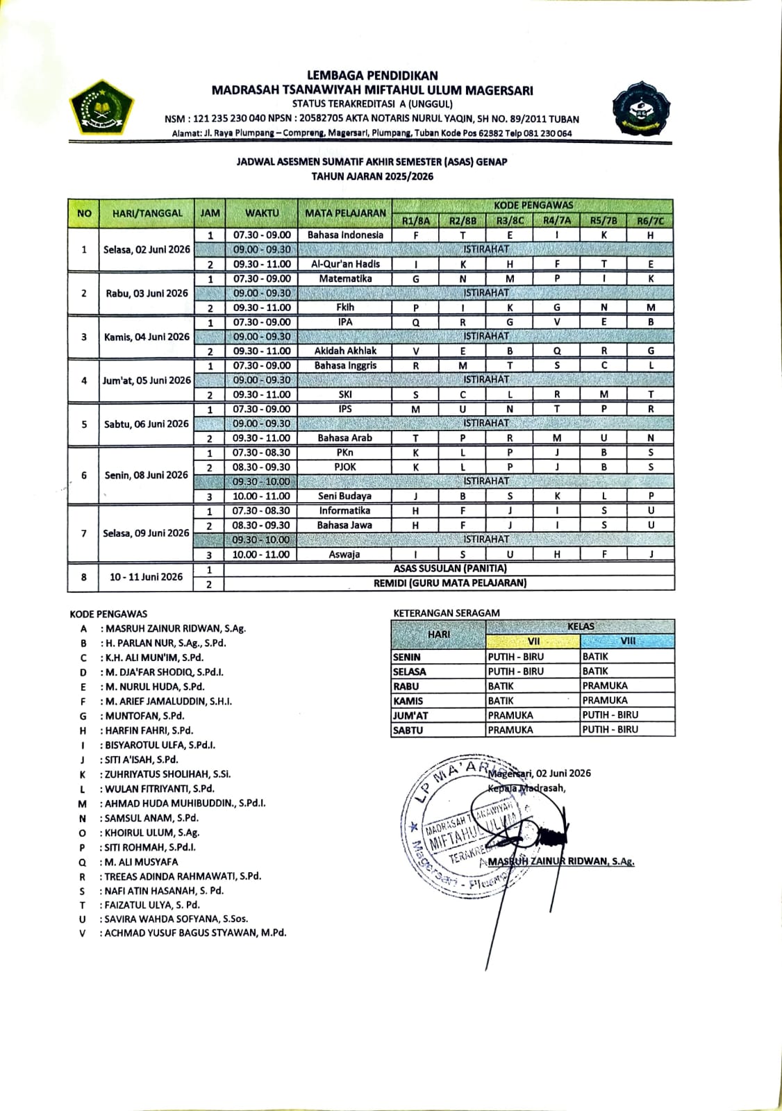 Jadwal SAS Berbasis Exambro Tahun Pelajaran 2025/2026